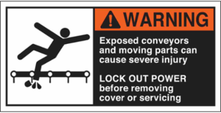 EXPOSED CONVEYORS AND MOVING PARTS CAN CAUSE SEVERE Labels, 2.5" H x 5" W x 0.006" D, Black/Orange/Red on White