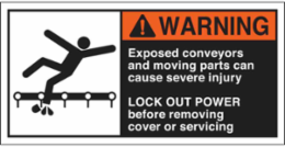 EXPOSED CONVEYORS AND MOVING PARTS CAN CAUSE SEVERE Labels, 2.5" H x 5" W x 0.006" D, Black/Orange/Red on White