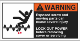 EXPOSED SCREW AND MOVING PARTS CAN CAUSE SEVERE INJURY Labels, 2.5" H x 5" W x 0.006" D