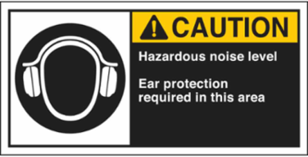 HAZARDOUS NOISE LEVEL EAR PROTECTION REQUIRED IN THIS AREA Labels, 2.5" H x 5" W x 0.006" D, Black/Yellow on White