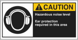 HAZARDOUS NOISE LEVEL EAR PROTECTION REQUIRED IN THIS AREA Labels, 2.5" H x 5" W x 0.006" D, Black/Yellow on White
