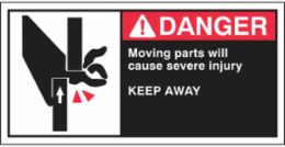MOVING PARTS WILL CAUSE SEVERE INJURY KEEP AWAY Labels, 2.5" H x 5" W x 0.006" D, Black/Red on White