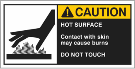 HOT SURFACE CONTACT WITH SKIN MAY CAUSE BURNS DO NOT TOUCH Labels, 2.5" H x 5" W x 0.006" D, Black/Yellow on White