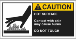 HOT SURFACE CONTACT WITH SKIN MAY CAUSE BURNS DO NOT TOUCH Labels, 2.5" H x 5" W x 0.006" D, Black/Yellow on White