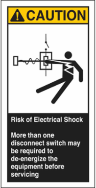 RISK OF ELECTRICAL SHOCK MORE THAN ONE DISCONNECT Labels, 6" H x 3" W x 0.006" D, Black/Yellow on White