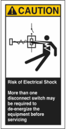 RISK OF ELECTRICAL SHOCK MORE THAN ONE DISCONNECT Labels, 6" H x 3" W x 0.006" D, Black/Yellow on White