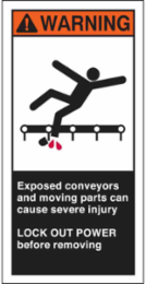 EXPOSED CONVEYOR AND MOVING PARTS CAN CAUSE SEVERE Labels, 6" H x 3" W x 0.006" D, Black/Orange/Red on White