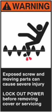 EXPOSED SCREW AND MOVING PARTS CAN CAUSE SEVERE INJURY Labels, 6" H x 3" W x 0.006" D, Black/Orange/Red on White