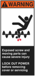 EXPOSED SCREW AND MOVING PARTS CAN CAUSE SEVERE INJURY Labels, 6" H x 3" W x 0.006" D, Black/Orange/Red on White