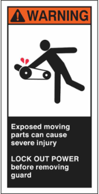 EXPOSED MOVING PARTS CAN CAUSE SEVERE INJURY Labels, 6" H x 3" W x 0.006" D, Black/Orange/Red on White