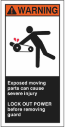 EXPOSED MOVING PARTS CAN CAUSE SEVERE INJURY Labels, 6" H x 3" W x 0.006" D, Black/Orange/Red on White