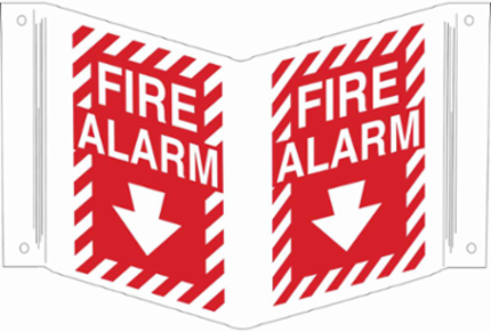 V Fire Alarm Sign, 12" H x 18" W x 0.055" D, White on Red, Polyethylene