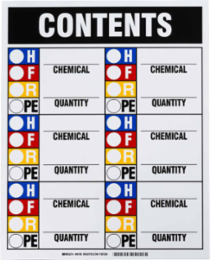 CONTENTS Chemical Quantity Sign, 15" H x 12" W, Black/Blue/Red/Yellow on White