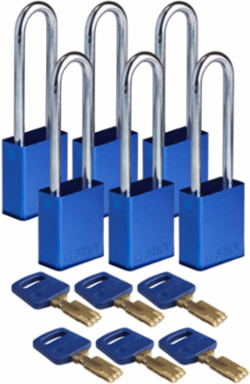 SafeKey Lockout Padlock 3 Inch Aluminum Blue Steel Shackle Keyed Alike 6 Pack