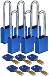 SafeKey Lockout Padlock 3 Inch Aluminum Blue Steel Shackle Keyed Alike 6 Pack
