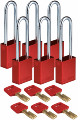SafeKey Padlock 3 Inch Red Aluminum Keyed Alike (6 Pack)