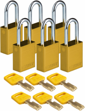 SafeKey Lockout Padlock 1.5 Inch Aluminum Yellow 6 Pack, Corrosion-resistant