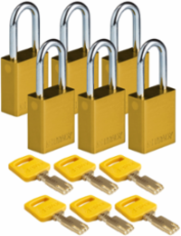 SafeKey Lockout Padlock 1.5 Inch Aluminum Yellow 6 Pack, Corrosion-resistant