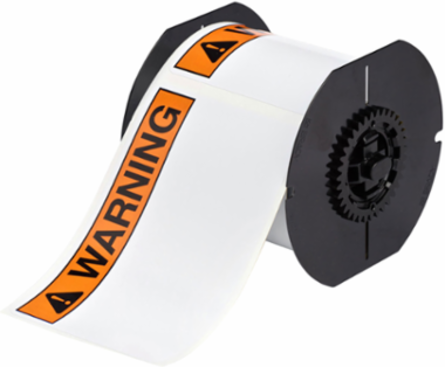 Vinyl Labels Roll of 175, 4 Inch H x 6 Inch W, Black/Orange on White