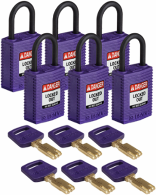 SafeKey Lockout Padlock Nylon Purple 1.65" H x 1.25" W, Keyed Alike, 6 Pk