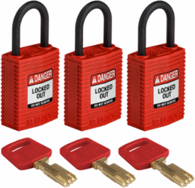 SafeKey Lockout Padlock Nylon Red 1 Inch Keyed Alike 3 Pack