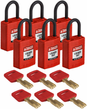 SafeKey Lockout Padlock Nylon Red 1.25 Inch Keyed Different, 6 Pack