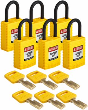 SafeKey Lockout Padlock 1.65 Inch H x 1.25 Inch W x 0.75 Inch D, Yellow, 6 Pack