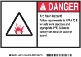 Arc Flash Danger Labels - Self-Sticking Polyester, 5 in H x 7 in W, Pack of 5