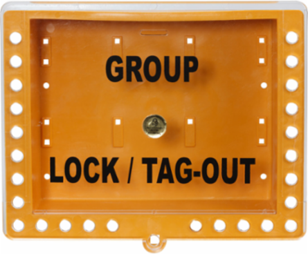Group Lockout Tagout Box, 11 Inch H x 12.5 Inch W x 4 Inch D, Yellow, 27 Padlocks