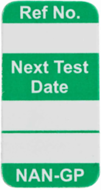 NanoTag Inserts, REF NO.: NEXT TEST DATE: NAN-GP, Green on White, 1.325" H x 0.7" W
