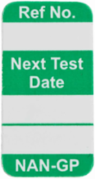 NanoTag Inserts, REF NO.: NEXT TEST DATE: NAN-GP, Green on White, 1.325" H x 0.7" W