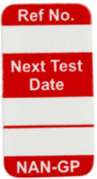 NanoTag Inserts, REF NO.: NEXT TEST DATE: NAN-GP, Red on White, 1.325" H x 0.7" W