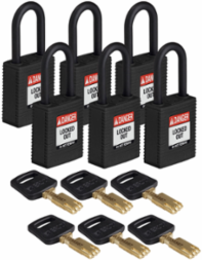 SafeKey 1.5 Inch Lockout Padlock, Nylon, 6 Pack, Keyed Different