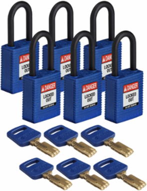 SafeKey Lockout Padlock 1.5 Inch Blue Nylon Plastic, Keyed Different, 6 Pack
