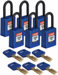 SafeKey Lockout Padlock 1.5 Inch Blue Nylon Plastic, Keyed Different, 6 Pack