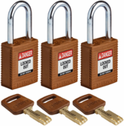 SafeKey Lockout Padlock Nylon Brown 1.5 Inch Steel Shackle Keyed Alike 3 Pk