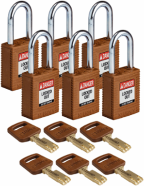 SafeKey Lockout Padlock 1.5 Inch Nylon with Steel Shackle, Keyed Different, 6 Pk