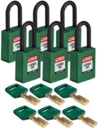SafeKey Lockout Padlock 1.5 Inch Nylon Green Keyed Alike 6 Pack