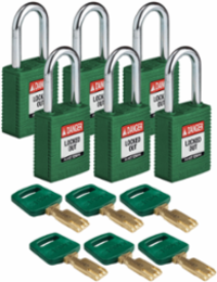 SafeKey Lockout Padlock 1.5 Inch Nylon Green Steel Shackle Keyed Alike 6 Pack