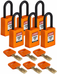 SafeKey Lockout Padlock 1.5 Inch Nylon, Keyed Different, 6 Pack
