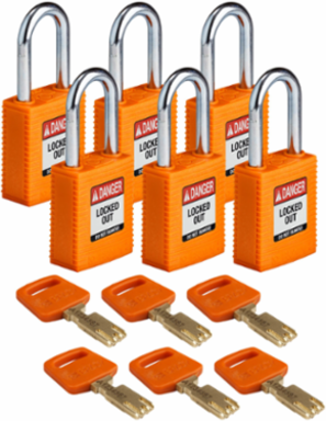 SafeKey Lockout Padlock 1.5 Inch Nylon with Steel Shackle, Keyed Alike - 6 Pack