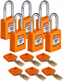 SafeKey Lockout Padlock 1.5 Inch Nylon with Steel Shackle, Keyed Alike - 6 Pack