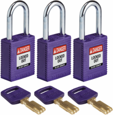 SafeKey Lockout Padlock 1.5 Inch Nylon Purple Steel Keyed Alike 3 Pk