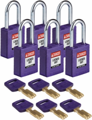 SafeKey Lockout Padlock 1.5 Inch Nylon Purple, Keyed Different, 6 Pack