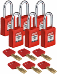 SafeKey Lockout Padlock - Nylon Red, 1.5 Inch Steel Shackle, Keyed Alike, 6 Pack