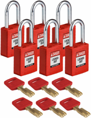 SafeKey Lockout Padlock 1.5 Inch Nylon with Steel Shackle, Keyed Different, 6 Pack