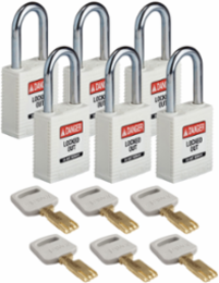 SafeKey Lockout Padlock 1.5 Inch Nylon White Steel Shackle Keyed Alike 6 Pack
