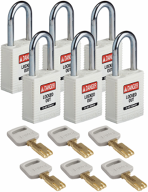 SafeKey Lockout Padlock 1.5 Inch Steel Shackle White, Keyed Different, 6 Pack