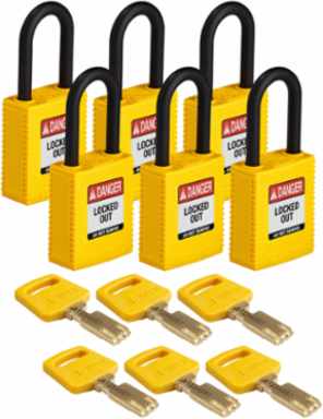 SafeKey Lockout Padlock 1.5 Inch Nylon Yellow Keyed Alike 6 Pack