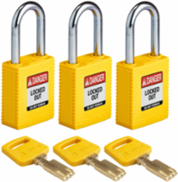 SafeKey Lockout Padlock Nylon Yellow 1.5 Inch Steel Shackle Keyed Alike 3 Pack